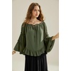 image:imageScarlet Darkness Women Bell Sleeve Tops Ruffle Off Shoulder Peasant BlouseArmy Green