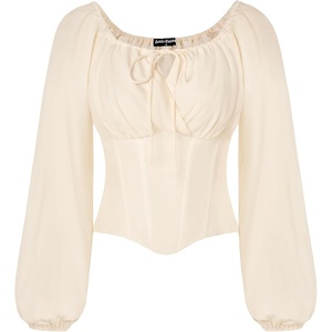image:imageSCARLET DARKNESS Corset Tops for Women Elastic Neckline Renaissance Shirt Peasant BlouseBeige