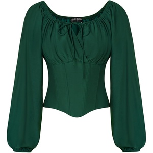 image:imageSCARLET DARKNESS Corset Tops for Women Elastic Neckline Renaissance Shirt Peasant BlouseGreen