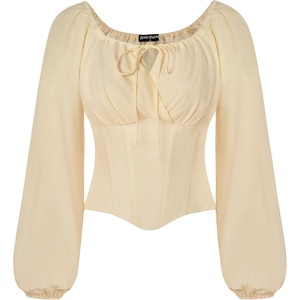 image:imageSCARLET DARKNESS Corset Tops for Women Elastic Neckline Renaissance Shirt Peasant BlousePristine