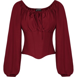 image:imageSCARLET DARKNESS Corset Tops for Women Elastic Neckline Renaissance Shirt Peasant BlouseWine Red