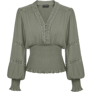 image:imageScarlet Darkness Renaissance Shirt Women Long Sleeve V Neck Peasant TopsMoss Grey