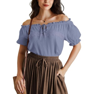 image:imageScarlet Darkness Renaissance Shirt Women Summer Off Shoulder Short Sleeve Peasant TopsGray Blue