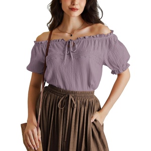 image:imageScarlet Darkness Renaissance Shirt Women Summer Off Shoulder Short Sleeve Peasant TopsGray Purple