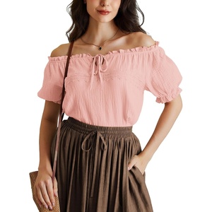 image:imageScarlet Darkness Renaissance Shirt Women Summer Off Shoulder Short Sleeve Peasant TopsPink