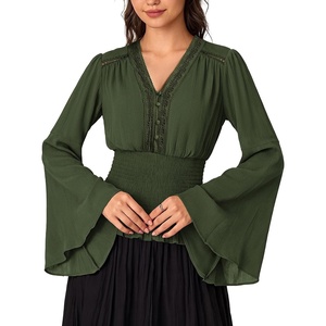 image:imageScarlet Darkness Women Renaissance Peasant Shirt Bell Sleeve Pirate TopDark Olive Green