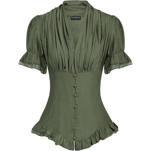image:imageScarlet Darkness Womens Work Tops Elegant Short Sleeve Victorian BlouseArmy Green