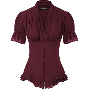 image:imageScarlet Darkness Womens Work Tops Elegant Short Sleeve Victorian BlouseBurgundy