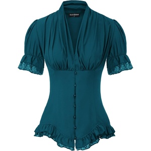 image:imageScarlet Darkness Womens Work Tops Elegant Short Sleeve Victorian BlouseDeep Peacock Blue