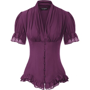 image:imageScarlet Darkness Womens Work Tops Elegant Short Sleeve Victorian BlouseEggplant Purple