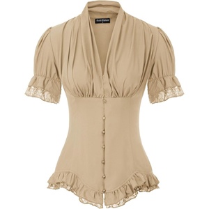 image:imageScarlet Darkness Womens Work Tops Elegant Short Sleeve Victorian BlouseKhaki