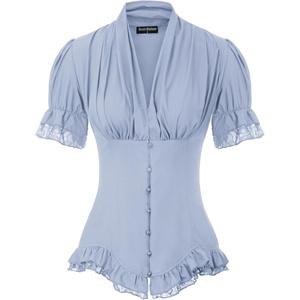 image:imageScarlet Darkness Womens Work Tops Elegant Short Sleeve Victorian BlouseLight Blue