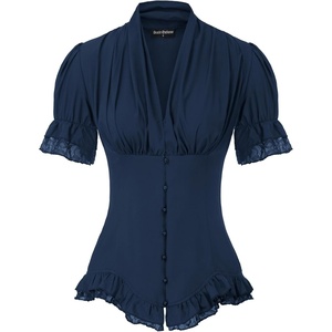 image:imageScarlet Darkness Womens Work Tops Elegant Short Sleeve Victorian BlouseNavy