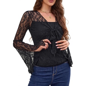 image:imageScarlet Darkness Womens Y2K Lace Tops Cute Boho Mesh Bell Sleeve Goth ShirtBlack