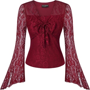 image:imageScarlet Darkness Womens Y2K Lace Tops Cute Boho Mesh Bell Sleeve Goth ShirtDark Wine
