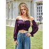 image:imageScarlet Darkness Women Off the Shoulder Crop Tops Long Sleeve Shirt BlouseDeep Purple
