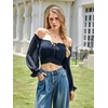 image:imageScarlet Darkness Women Off the Shoulder Crop Tops Long Sleeve Shirt BlouseNavy Blue