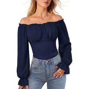 image:imageScarlet Darkness Peasant Blouses for Women Chiffon Off Shoulder Fall TopsDark Blue