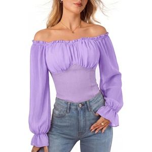 image:imageScarlet Darkness Peasant Blouses for Women Chiffon Off Shoulder Fall TopsLight Purple