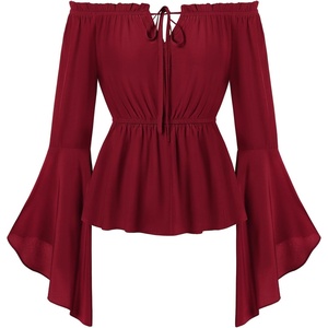 image:imageScarlet Darkness Renaissance Shirt Women Peasant Pirate Off Shoulder TopsWine