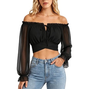 image:imageScarlet Darkness Women Off the Shoulder Crop Tops Long Sleeve Shirt BlouseBlack