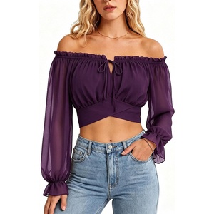 image:imageScarlet Darkness Women Off the Shoulder Crop Tops Long Sleeve Shirt BlouseDeep Purple