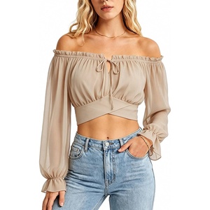 image:imageScarlet Darkness Women Off the Shoulder Crop Tops Long Sleeve Shirt BlouseKhaki