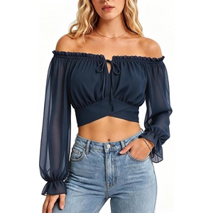 image:imageScarlet Darkness Women Off the Shoulder Crop Tops Long Sleeve Shirt BlouseNavy Blue