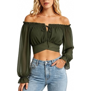 image:imageScarlet Darkness Women Off the Shoulder Crop Tops Long Sleeve Shirt BlouseOlive Green