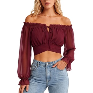 image:imageScarlet Darkness Women Off the Shoulder Crop Tops Long Sleeve Shirt BlouseRed