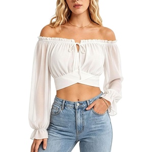 image:imageScarlet Darkness Women Off the Shoulder Crop Tops Long Sleeve Shirt BlouseWhite