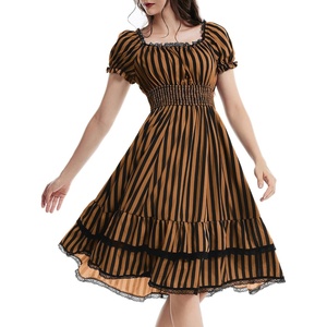 image:imageScarlet Darkness Womens Gothic Pirate Corset A Line Midi Dress with PocketsBlack and Orange Stripe