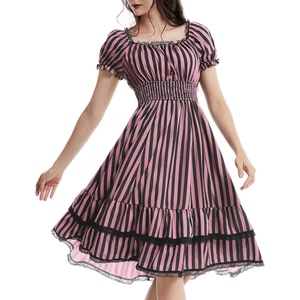 image:imageScarlet Darkness Womens Gothic Pirate Corset A Line Midi Dress with PocketsBlack and Pink Stripe
